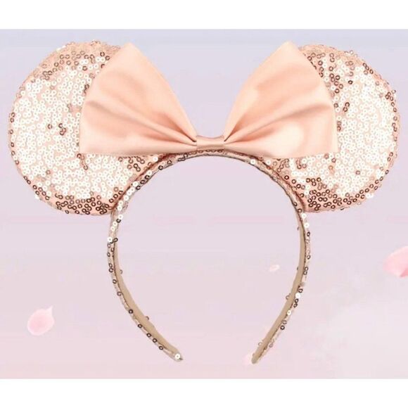 Minnie Mouse Ear Headband Pink-Gold Sparkle Shimmer Sequins with Bow. - Picture 4 of 5
